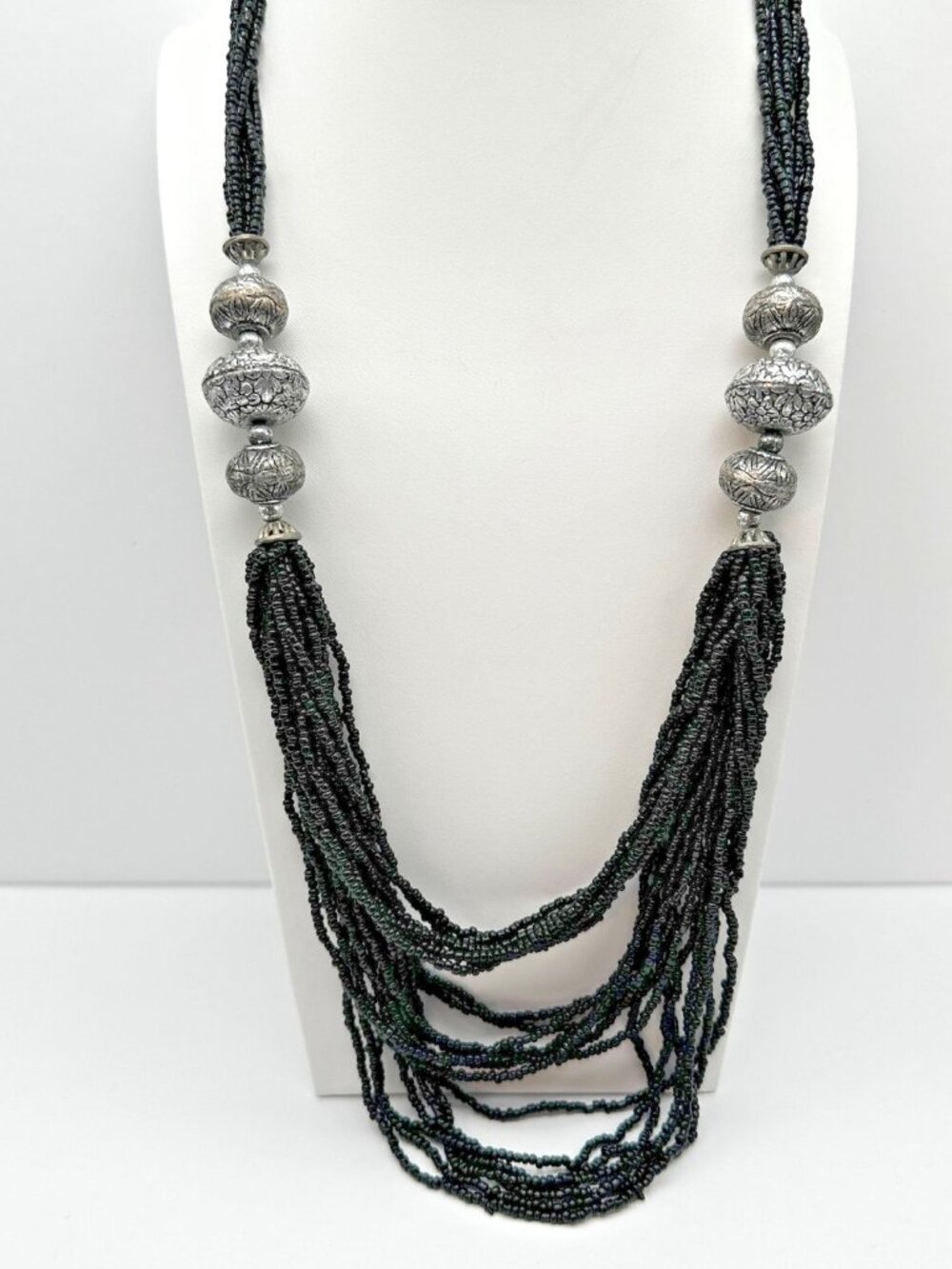 Vintage 90s Multi Strand Black Necklace Floral Beads Silver Tone Women's Jewelry